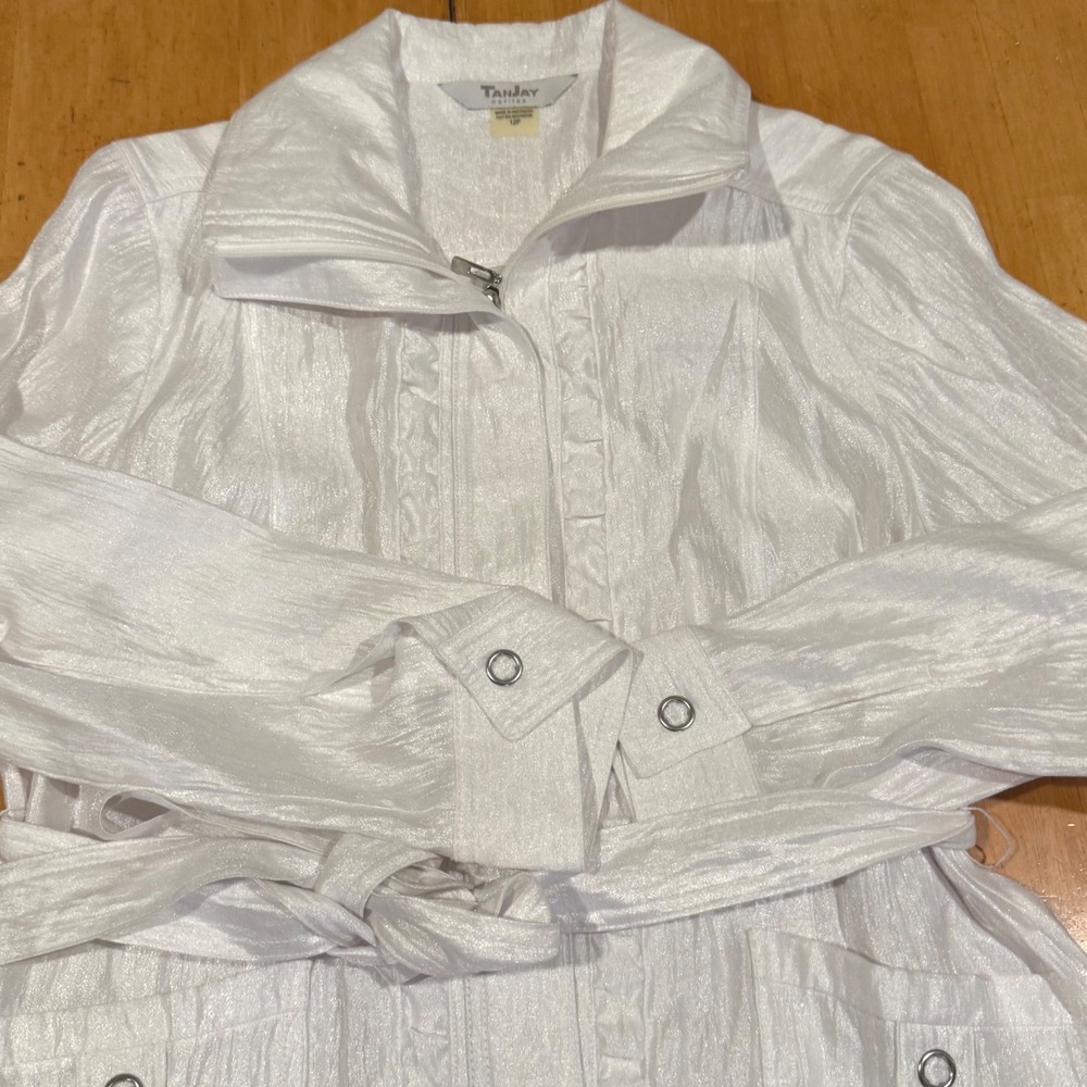 Tanjay Petites White Belted Jacket Ruffle Detail Textured Spring Coat‎